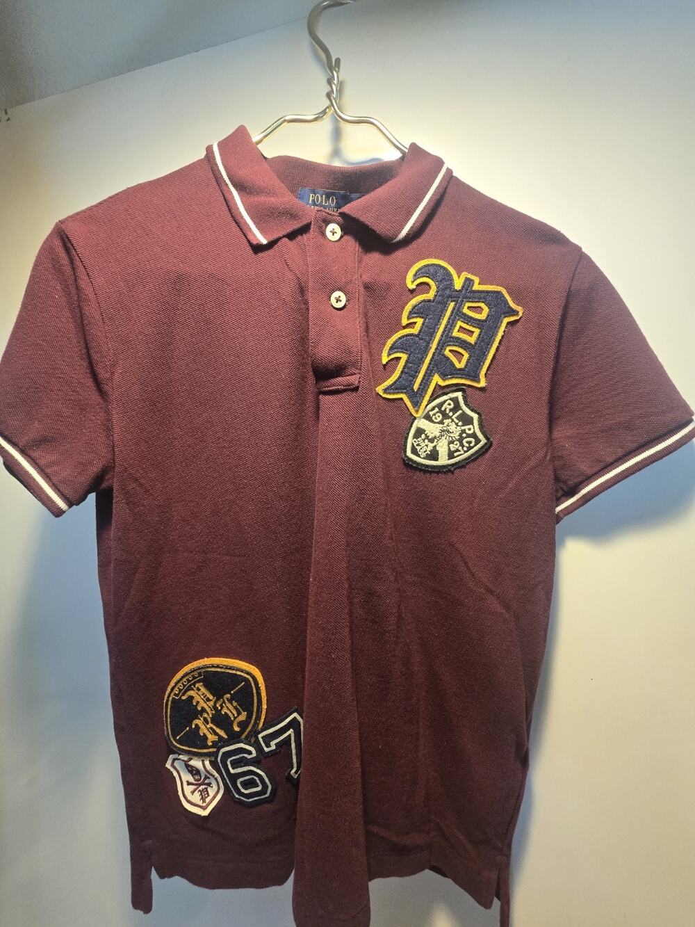 Polo Ralph Lauren Burgundy Classic Varsity Shirt Size Small With Patches Preppy